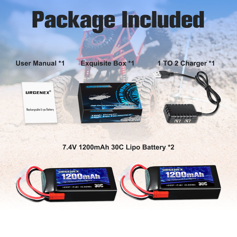 Load image into Gallery viewer, URGENEX 7.4V 1200mAh RC Car Battery, Rechargeable Lipo Battery with JST Plug 1200mAh 30C

