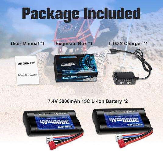 URGENEX 3000mAh 7.4 V Li-ion Battery with Deans T Plug 2S Rechargeable RC Battery Fit for WLtoys 4WD High Speed RC Cars and Most 1/10, 1/12, 1/16 Scale RC Cars Trucks with 7.4V Battery Charger