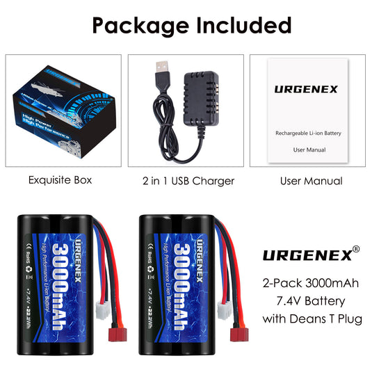 URGENEX 3000mAh 7.4 V Li-ion Battery with Deans T Plug 2S Rechargeable RC Battery Fit for WLtoys 4WD High Speed RC Cars and Most 1/10, 1/12, 1/16 Scale RC Cars Trucks with 7.4V Battery Charger