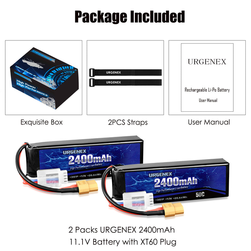 Load image into Gallery viewer, URGENEX 11.1V 2400mAh Lipo Battery 50C High Discharge Rate 3S RC Batteries with XT60 Plug Fit for RC Car Truggy RC Airplane, FPV Drone, UAV Quadcopter and Helicopter 2 Pack
