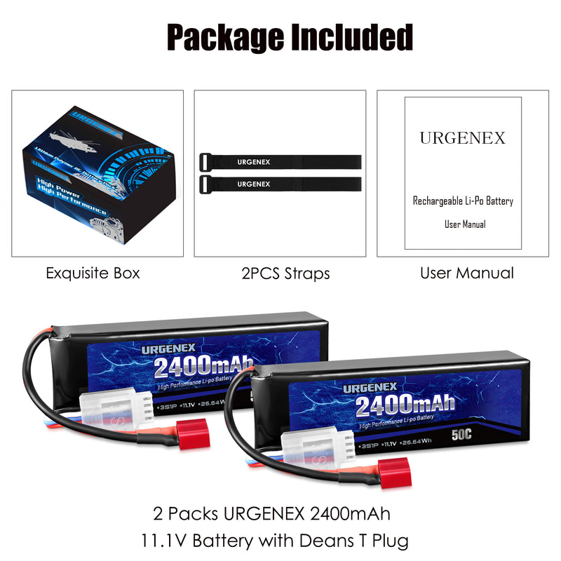 Load image into Gallery viewer, URGENEX 11.1V 2400mAh Lipo Battery 50C High Discharge Rate 3S RC Batteries with Deans T Plug Fit for RC Airplane, FPV Drone, UAV Quadcopter and Helicopter 2 Pack
