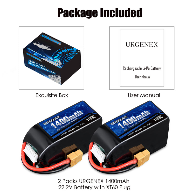 Load image into Gallery viewer, URGENEX 6S Lipo Battery 1400mAh 22.2V 100C with XT60 Plug RC Battery Fit for RC FPV Racing Drone Quadcopter Helicopter Airplane Racing Models
