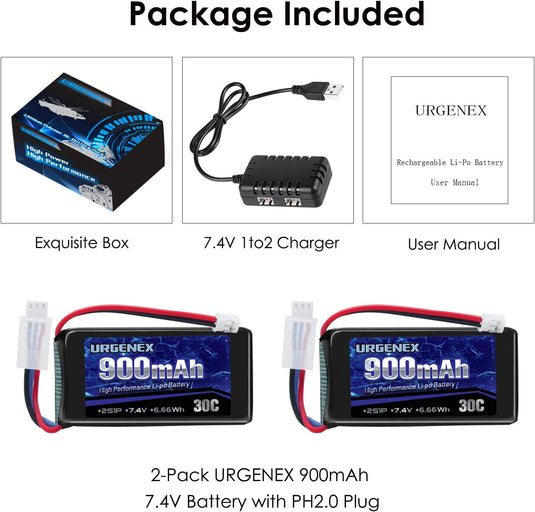 URGENEX 7.4V 900mAh Lipo Battery with Ph2.0 Plug 30C Fit for Axial SCX24 with 1TO2 USB Charger