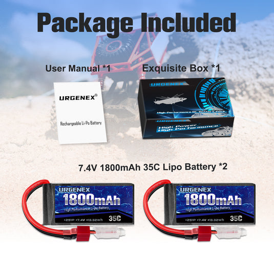 URGENEX 2s 1800mah 35C 7.4V Lipo Battery (2 Pack) & 1to2 Battery Charger