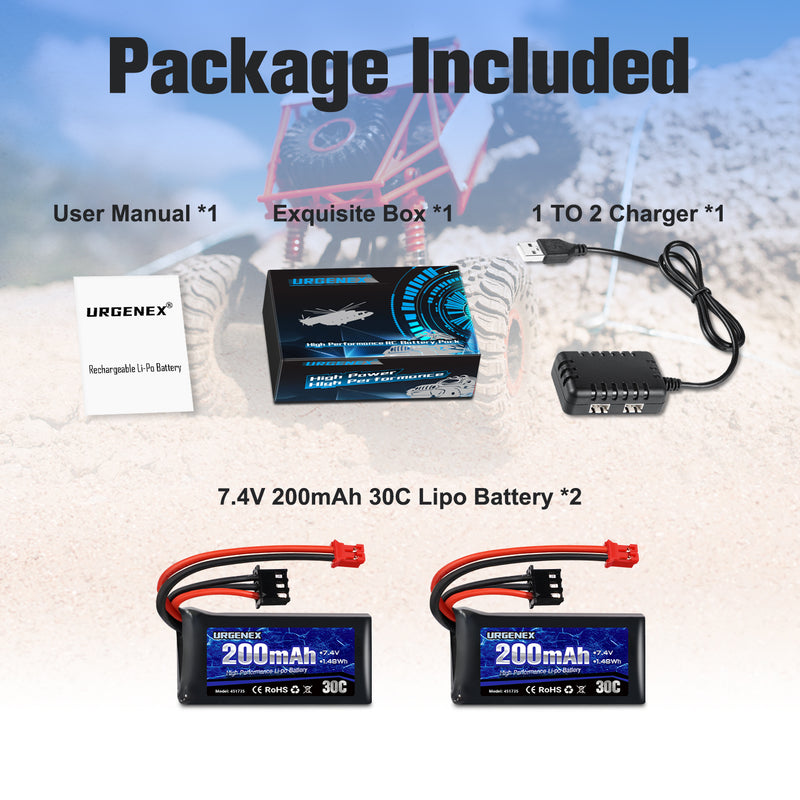 Load image into Gallery viewer, URGENEX 2S 30C 7.4V 200mAh Rechargeable Light Lipo Battery with PH2.0 Plug, Low Internal Efficient Energy Fit for Axial SCX30 Jeep Wrangler JLU, Ford Bronco &amp; Chevrolet K10 RC Crawlers
