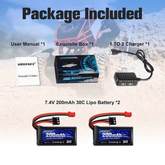 URGENEX 2S 30C 7.4V 200mAh Rechargeable Light Lipo Battery with PH2.0 Plug, Low Internal Efficient Energy Fit for Axial SCX30 Jeep Wrangler JLU, Ford Bronco & Chevrolet K10 RC Crawlers