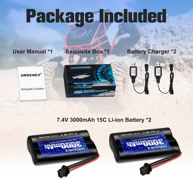 Load image into Gallery viewer, 2S RC Battery 3000mAh 7.4V Li-ion Battery with SM3P Plug 2S Rechargeable RC Battery with 2 USB Chargers Fit for RC Toys RC Car Truck and RC Tank
