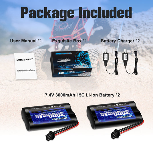 2S RC Battery 3000mAh 7.4V Li-ion Battery with SM3P Plug 2S Rechargeable RC Battery with 2 USB Chargers Fit for RC Toys RC Car Truck and RC Tank