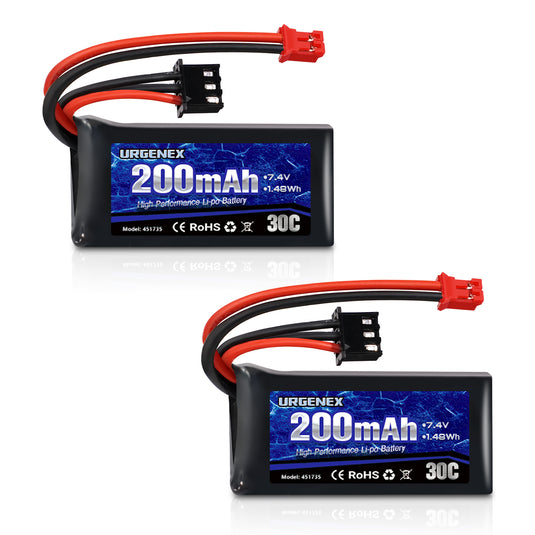 URGENEX 2S 30C 7.4V 200mAh Rechargeable Light Lipo Battery with  PH2.0 Plug & 1 to 2 USB Charger, Low Internal Efficient Energy Fit for Axial SCX30 Jeep Wrangler JLU, Ford Bronco & Chevrolet K10 RC Crawlers