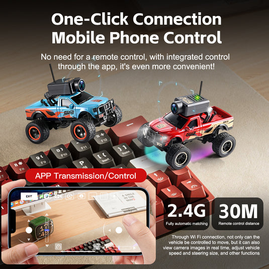1:64 Mini FPV RC Off-Road Truck with FPV Camera & LCD Screen Remote, 4WD Pocket Remote Control Car, APP Control, 3-Speed Adjustable, All-Terrain Micro Vehicle