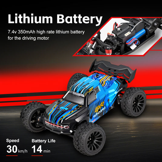 WL1/24 RC Racing Car, 30KM/H High Speed Remote Control Car, 2WD Off-Road Monster Truck with Gyroscope Stabilization, Metal Shock Absorbers, 3-Speed Switch, 2.4G Electric Toy Vehicle
