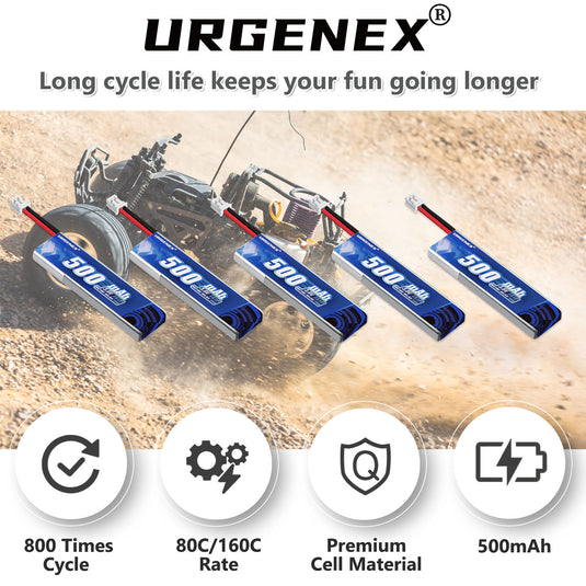 URGENEX 5PCS EMAX Battery 1S 500mAh 3.8V HV Lipo Battery 80C High Discharge Rate RC Drone Battery with PH2.0 Plug Fit for EMAX Quadcopter and Most 1S Racing Drone FPV