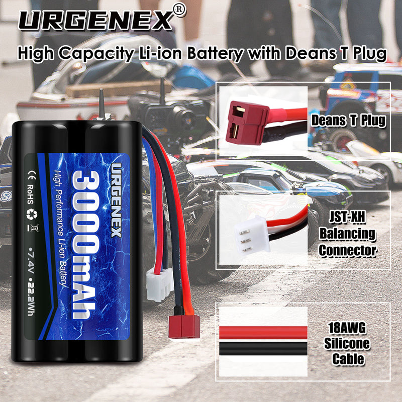 Load image into Gallery viewer, URGENEX 3000mAh 7.4 V Li-ion Battery with Deans T Plug 2S Rechargeable RC Battery Fit for WLtoys 4WD High Speed RC Cars and Most 1/10, 1/12, 1/16 Scale RC Cars Trucks with 7.4V Battery Charger
