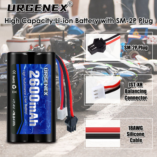 URGENEX 2600mAh 7.4V Li-ion Battery with SM-2P Plug 2S Rechargeable RC Battery Compatible with Most WPL MN RC Cars Trucks and H101 RC Boat High Capacity RC Batteries with 7.4V 1 to 2 USB Charger