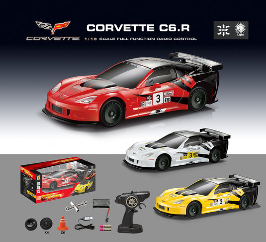 Corvette C6.1:18 Scale RC Car - PWM Speed Regulator Brushed Motor，2.4GHz Remote, LED Lights (Red/Yellow/White)
