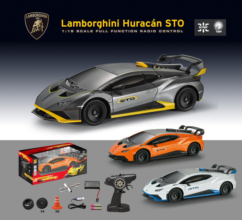 Load image into Gallery viewer, 1:18 Lamborghini Huracán STO Remote Control Car–Fast 2.4GHz Remote, Cool Lights, Official Licensed Model (Multiple Color)
