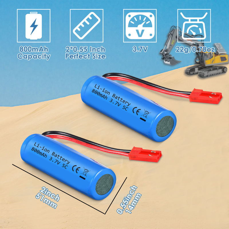 Load image into Gallery viewer, URGENEX 3.7V 800mah Li-ion Battery 2Pack with USB Chargers JST Plug RC Rechargeable 1S Battery Compatible with Huina RC Construction Trucks
