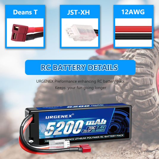 URGENEX 7.4V 5200mAh Lipo Battery 2S 70C High Discharge Rate RC Batteries with Deans T Plug Fit for RC Car Truck, RC Airplane, FPV Drone, UAV Quadcopter and Helicopter