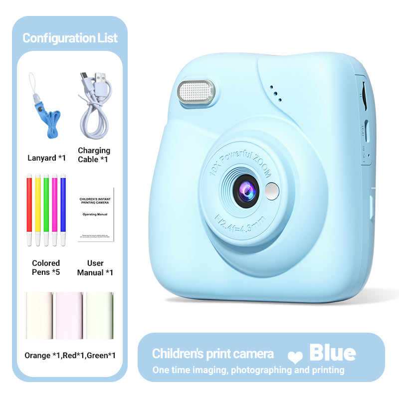 Load image into Gallery viewer, Instant Print Camera for Kids, 1080P HD Digital Video Camera with 10X Digital Zoom, 2.4-inch Screen, Portable MP3 Player, Zero Ink Thermal Paper, Creative DIY Birthday Gift for Boys and Girls
