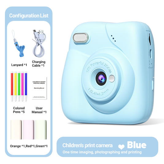 Instant Print Camera for Kids, 1080P HD Digital Video Camera with 10X Digital Zoom, 2.4-inch Screen, Portable MP3 Player, Zero Ink Thermal Paper, Creative DIY Birthday Gift for Boys and Girls