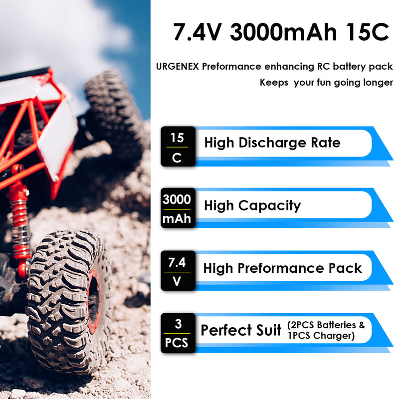 Load image into Gallery viewer, URGENEX 3000mAh 7.4 V Li-ion Battery with Deans T Plug 2S Rechargeable RC Battery Fit for WLtoys 4WD High Speed RC Cars and Most 1/10, 1/12, 1/16 Scale RC Cars Trucks with 7.4V Battery Charger
