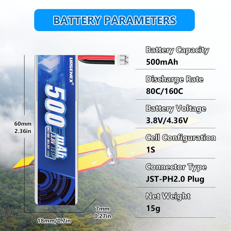 Load image into Gallery viewer, URGENEX 5PCS EMAX Battery 1S 500mAh 3.8V HV Lipo Battery 80C High Discharge Rate RC Drone Battery with PH2.0 Plug Fit for EMAX Quadcopter and Most 1S Racing Drone FPV
