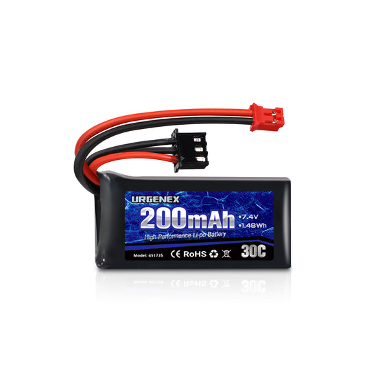 URGENEX 2S 30C 7.4V 200mAh Rechargeable Light Lipo Battery with PH2.0 Plug, Low Internal Efficient Energy Fit for Axial SCX30 Jeep Wrangler JLU, Ford Bronco & Chevrolet K10 RC Crawlers