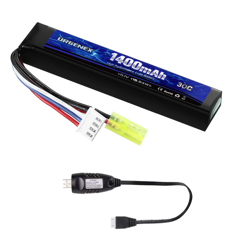 Load image into Gallery viewer, URGENEX Airsoft Battery 11.1V 1400mAh Lipo Battery with Mini Tamiya Connector 30C High Discharge Rate Rechargeable 3S Lipo Battery for Airsoft Model Guns
