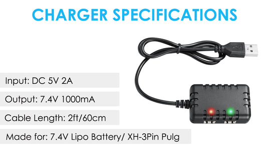 URGENEX 2 Pack 7.4V 800mAh 2S 15C Li-ion Battery  with 7.4V USB Chargers (Double Port)