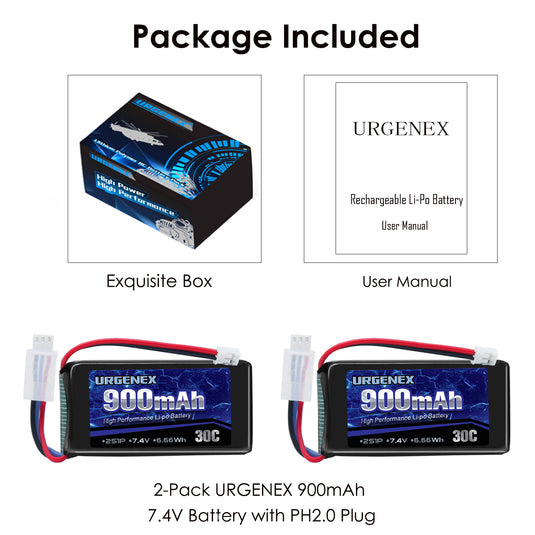 URGENEX 2S 900mah 30C 7.4V Lipo Battery Fit for Axial SCX24 and Most 1/10, 1/16, 1/18, 1/24 Scale RC Cars Trucks High Performance