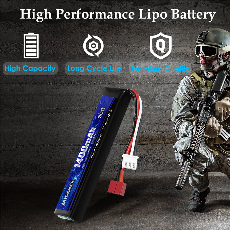 Load image into Gallery viewer, URGENEX Airsoft Battery 7.4V 1400mAh Lipo Battery with Deans T Plug 30C High Discharge Rate Rechargeable 2S Lipo Battery for Airsoft Model Guns
