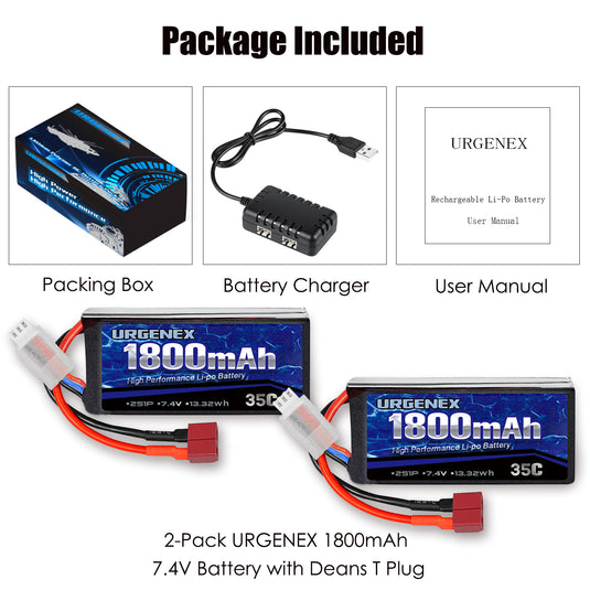 URGENEX 2s 1800mah 35C 7.4V Lipo Battery (2 Pack) & 1to2 Battery Charger