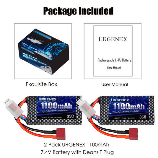 URGENEX 7.4V Lipo Battery 2S 35C 1800mAh Rechargeable RC Battery Pack with  Deans T Plug Campatibal with Most 1/10, 1/16 Scale RC Cars Trucks and 7.4V