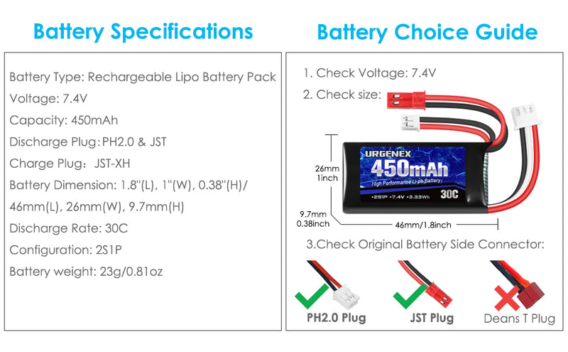 Load image into Gallery viewer, 2S 7.4V 30C 450mAh Rechargeable Lipo Battery with JST &amp; PH2.0 Plug Fit for Axial SCX24
