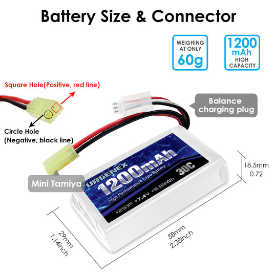 7.4V Lipo Battery 1200mAh with Mini Tamiya Plug 2S 30C 8.88Wh Rechargeable Lipo Battery Campatibal with DEERC 302E/E300 1/18 Scale 9300 9310 300E RC Car Truck with USB Charger Cable 2 Pack
