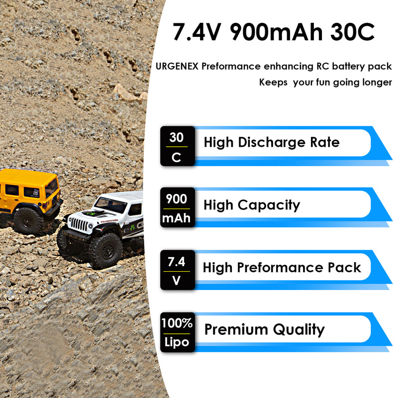 Load image into Gallery viewer, URGENEX 2S 900mah 30C 7.4V Lipo Battery Fit for Axial SCX24 and Most 1/10, 1/16, 1/18, 1/24 Scale RC Cars Trucks High Performance
