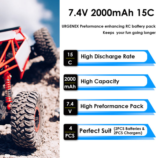  2S 1000mAh 7.4V Lipo Battery: 2Pcs SCX24 Batteries with PH2.0 &  JST Plug 35C Lithium Battery with 2 in 1 USB Charger for WLtoys A949 A959  A969 A979 Most 1/10 1/16