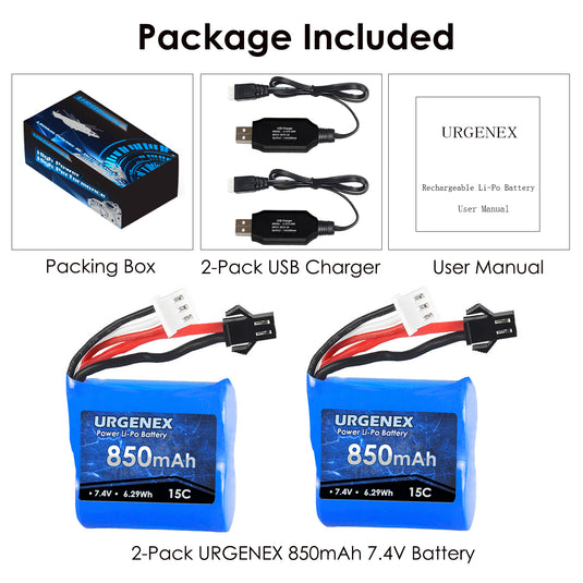 URGENEX 7.4V Li-ion Battery 2000mAh 2S Battery with SM 2P Plug High  Capacity for Remote Control RC Boat 2 Pack H101 RC Batteries with 2 USB  Chargers