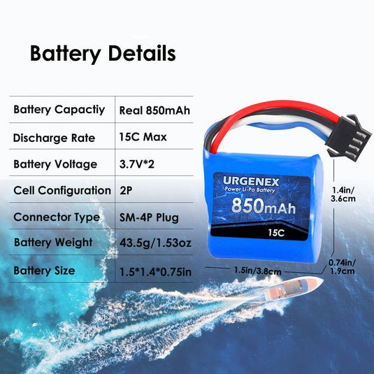 UDI001 UDI008 RC Boats Battery - 850mAh 7.4V with SM-4P Plug